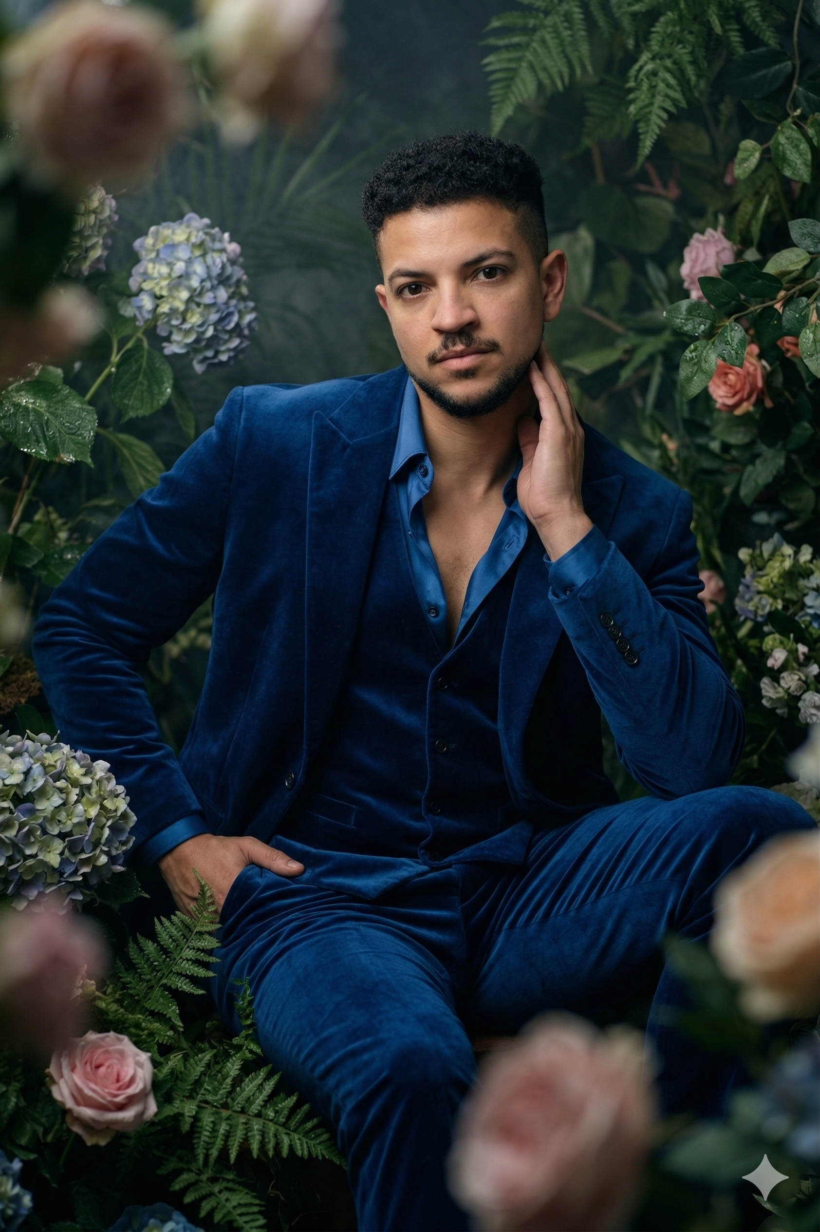 A man in a blue suit poses amidst flowers.