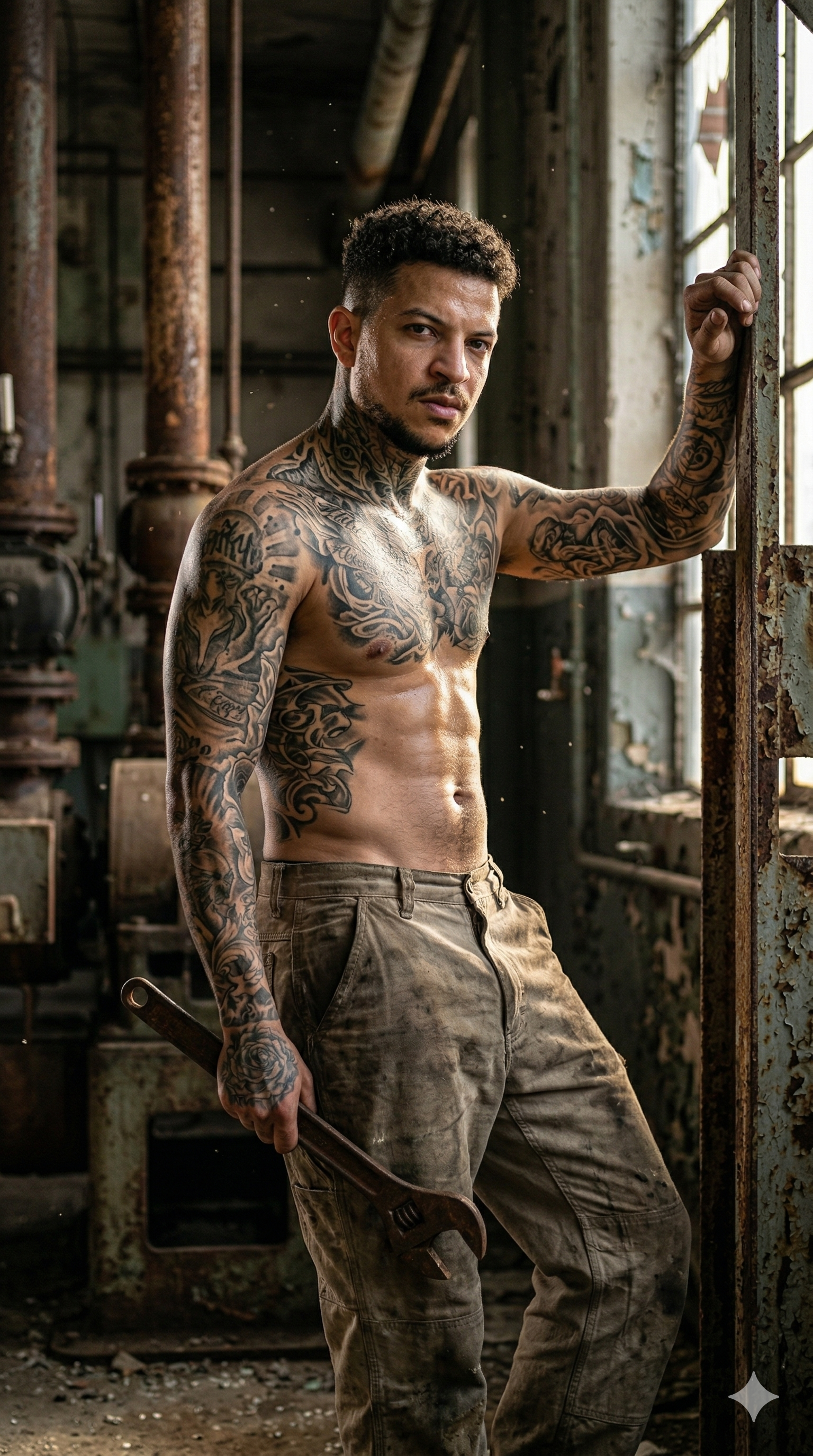 Tattooed model in an industrial environment