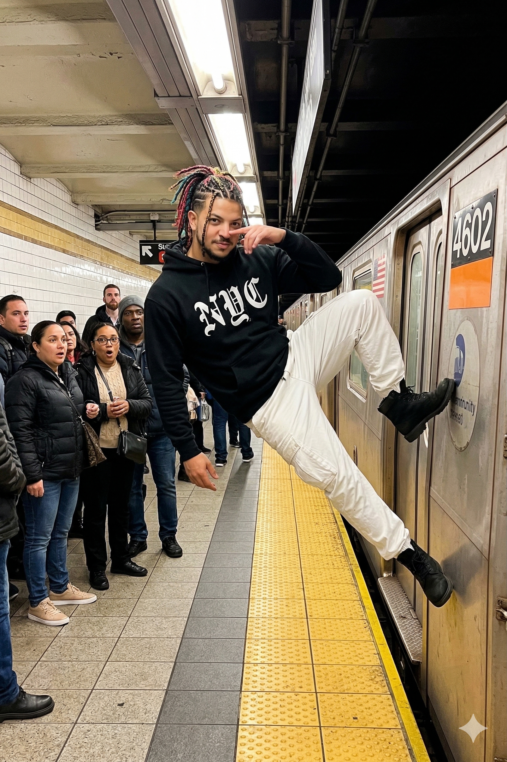 New York City subway posing