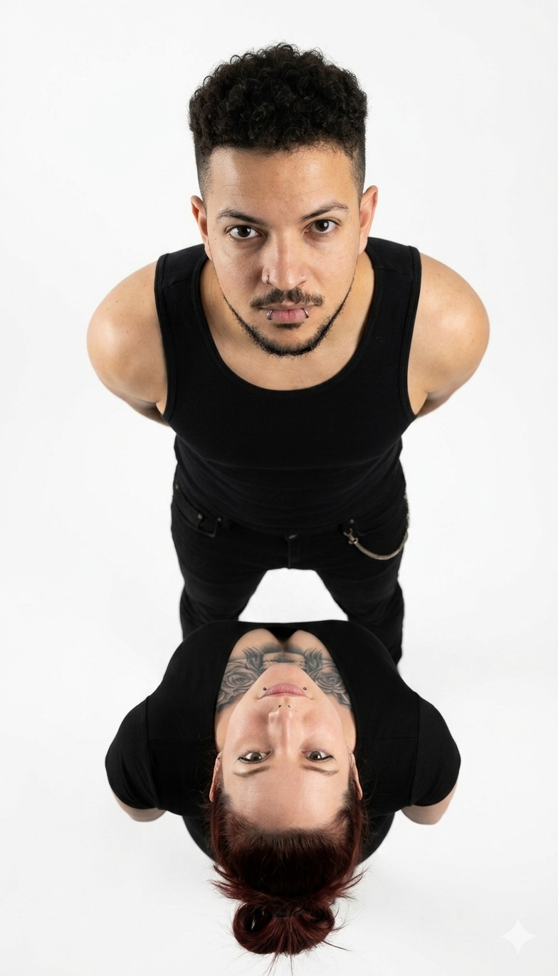 Minimal studio portrait of two young adults