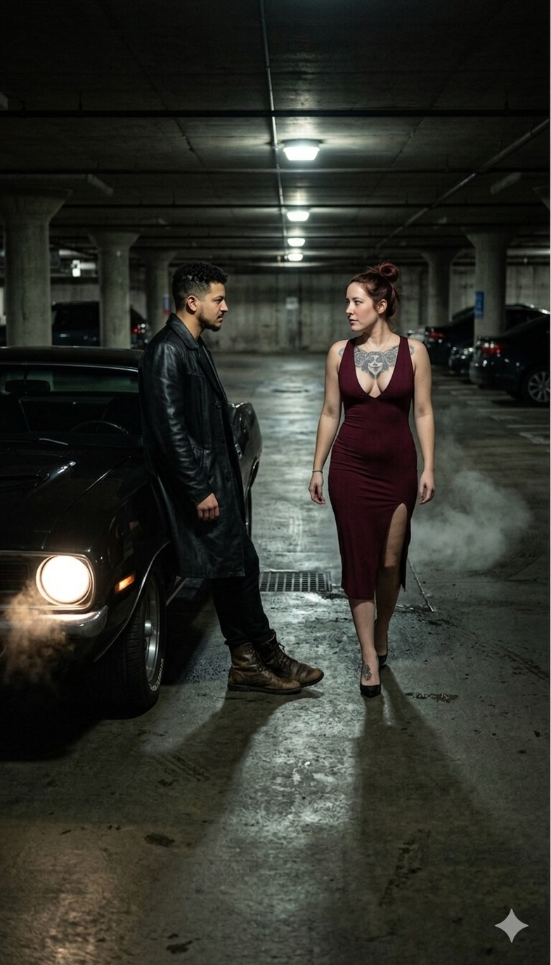 Dark cinematic scene in an underground parking lot