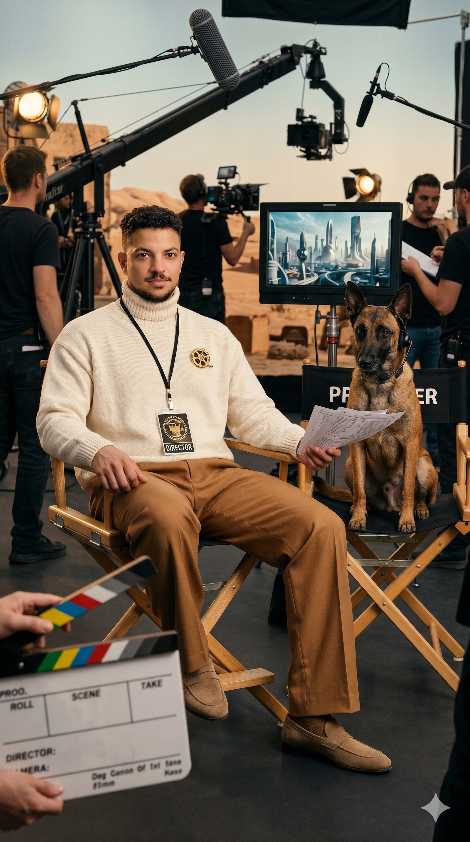 Film set scene with a model in a director’s chair and a dog