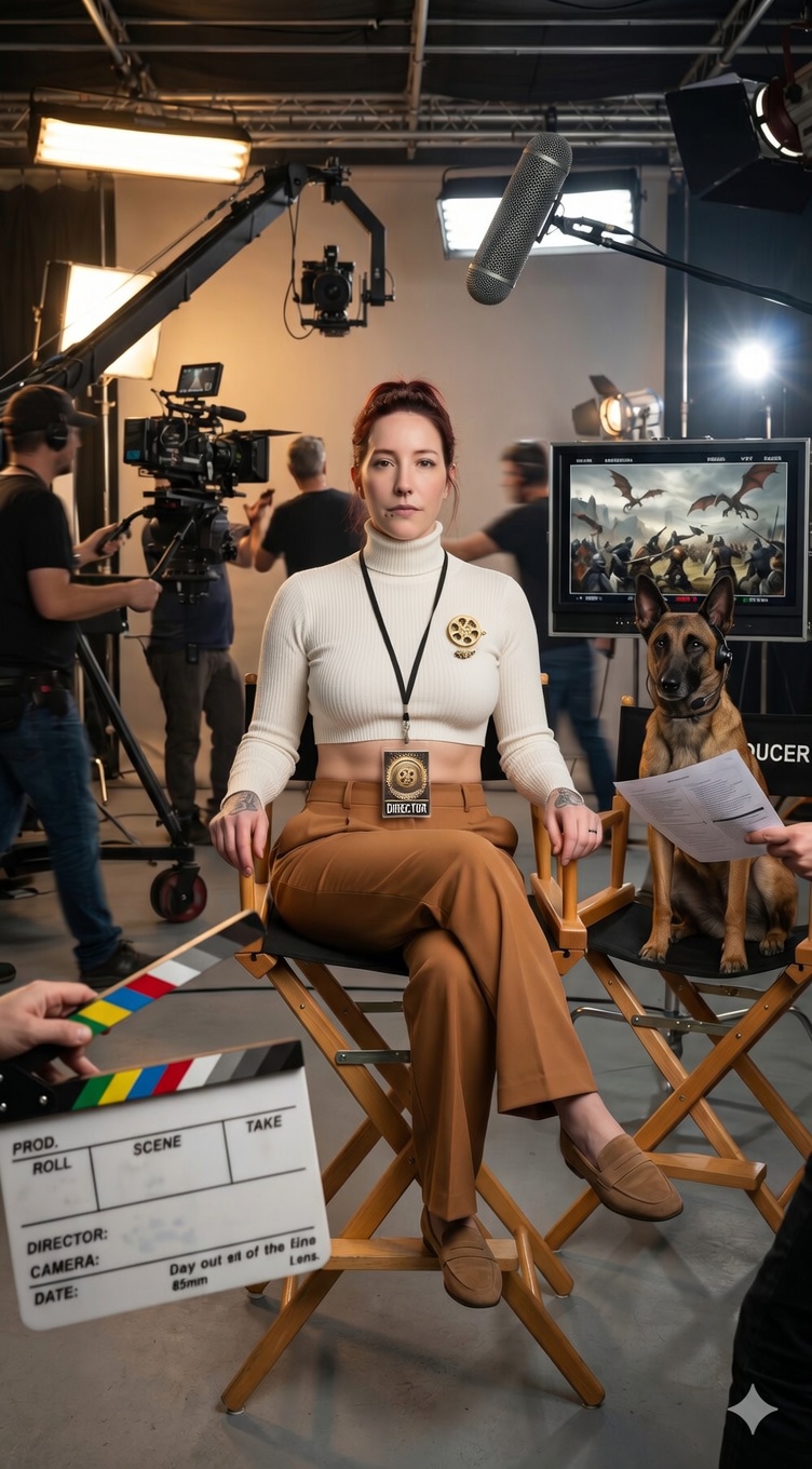 Film set scene with a model in a director’s chair and a dog – Bild 2