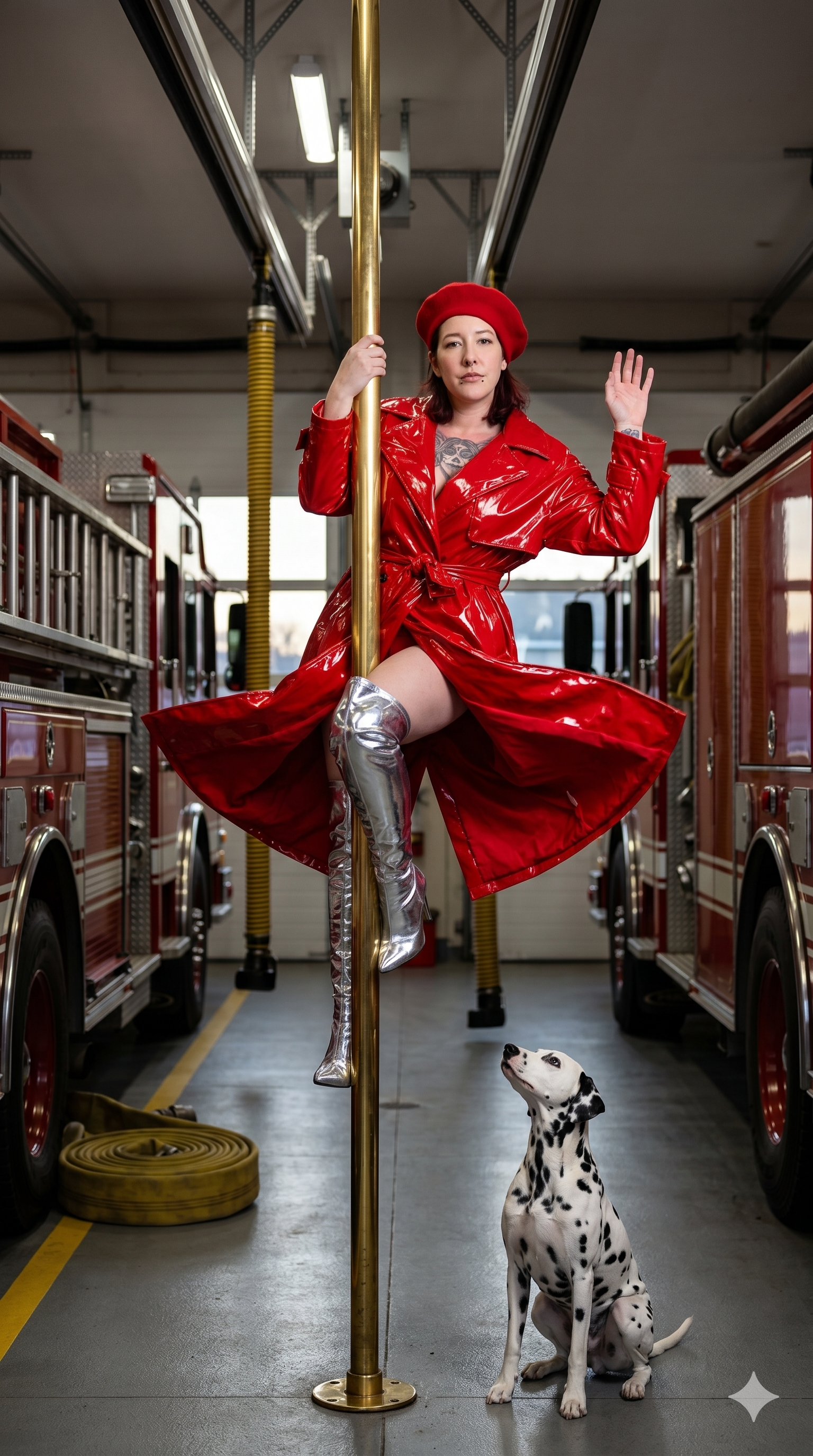 Woman in a red coat and beret posing on a pole in a fire station