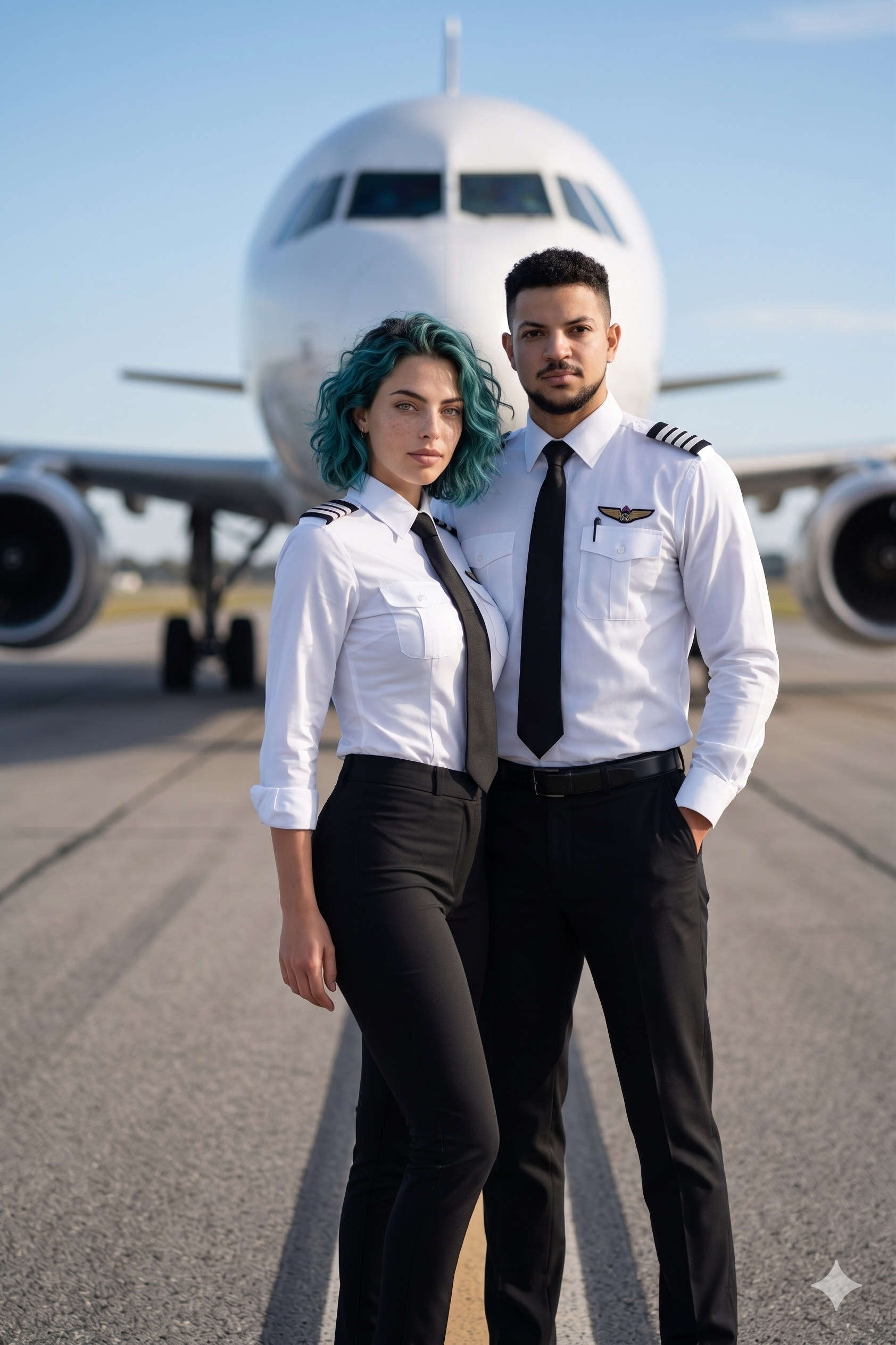 Stylish pilot couple standing confidently on an airport