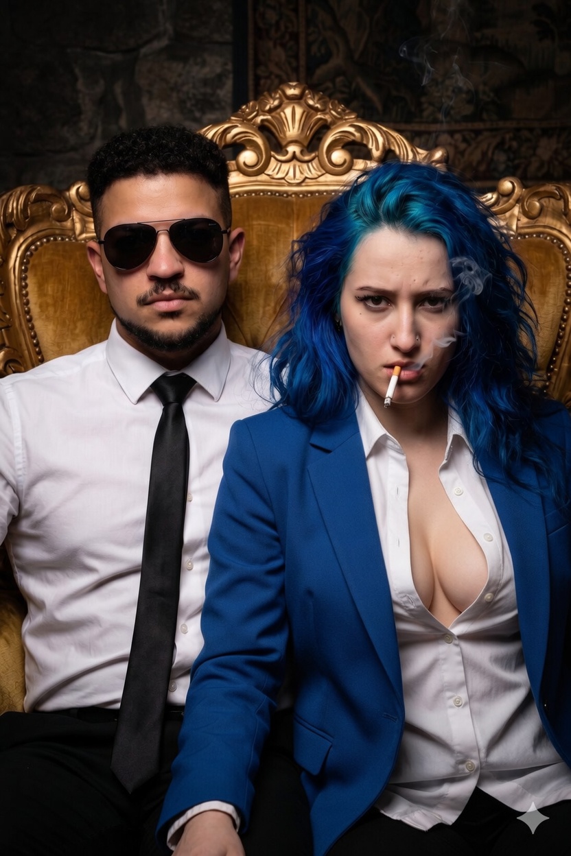 Powerful couple on an ornate gold velvet throne