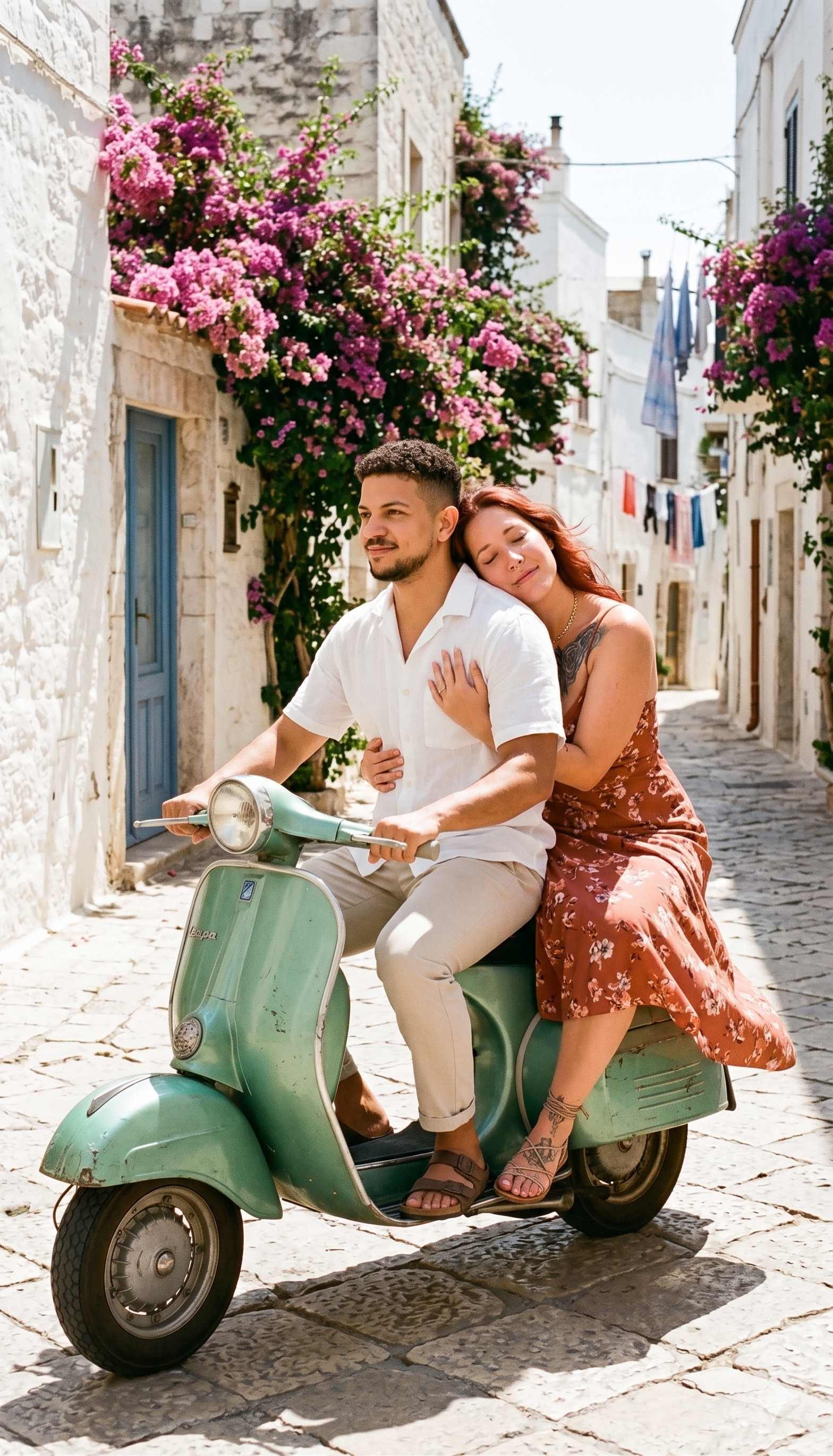 A young couple ride together on a Vespa scooter
